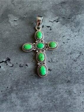 Sterling Silver Cross Pendant with Green Mojave Turquoise Stones